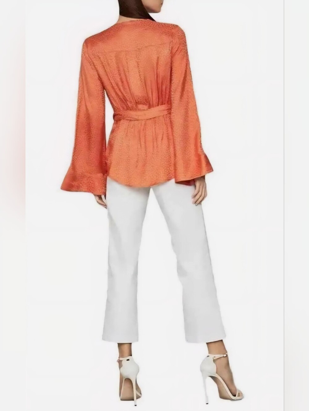 BCBG Max Azria | Textured Satin Bell Sleeve Wrap Top Blouse | Papaya | XS - Picture 2 of 12